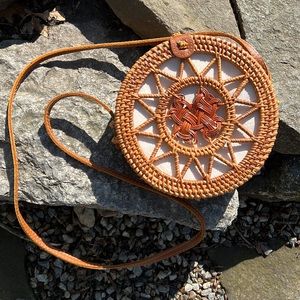Round Woven Basket Purse with Sun Design